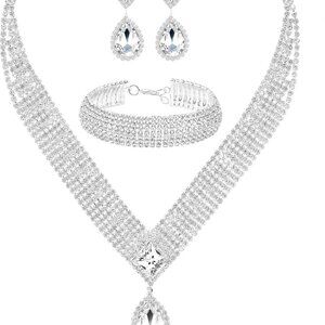 3/4 Pieces Women Jewelry Set Rhinestone Tiara Crown Necklace Bangle Bracelet Cry